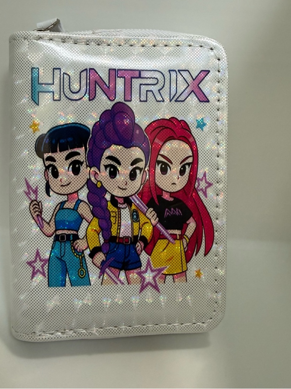 Kids White Glitter Zipper Wallet - Cartoon Character Design